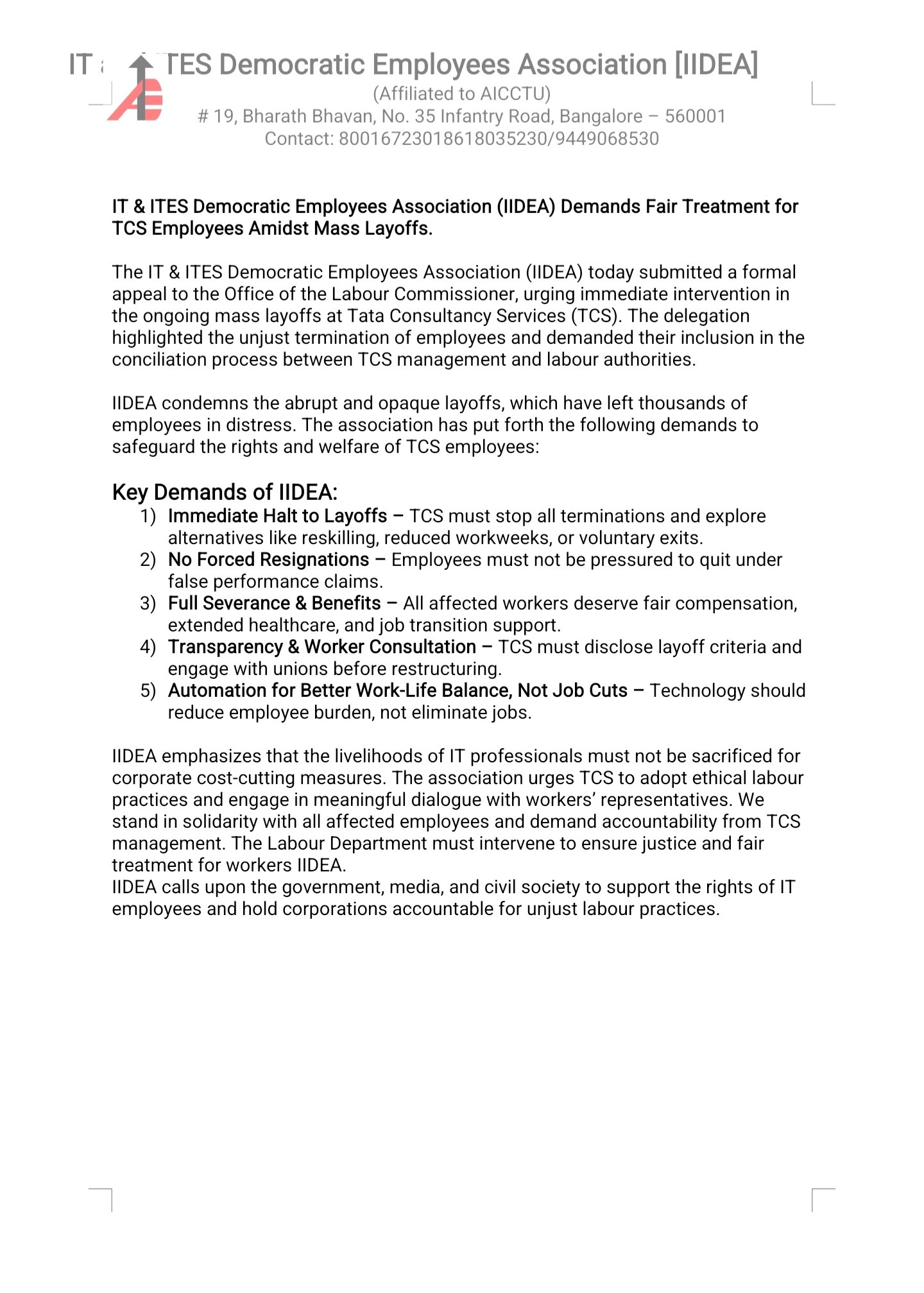 IIDEA submitted a formal appeal to the Office of the Labour Commissioner