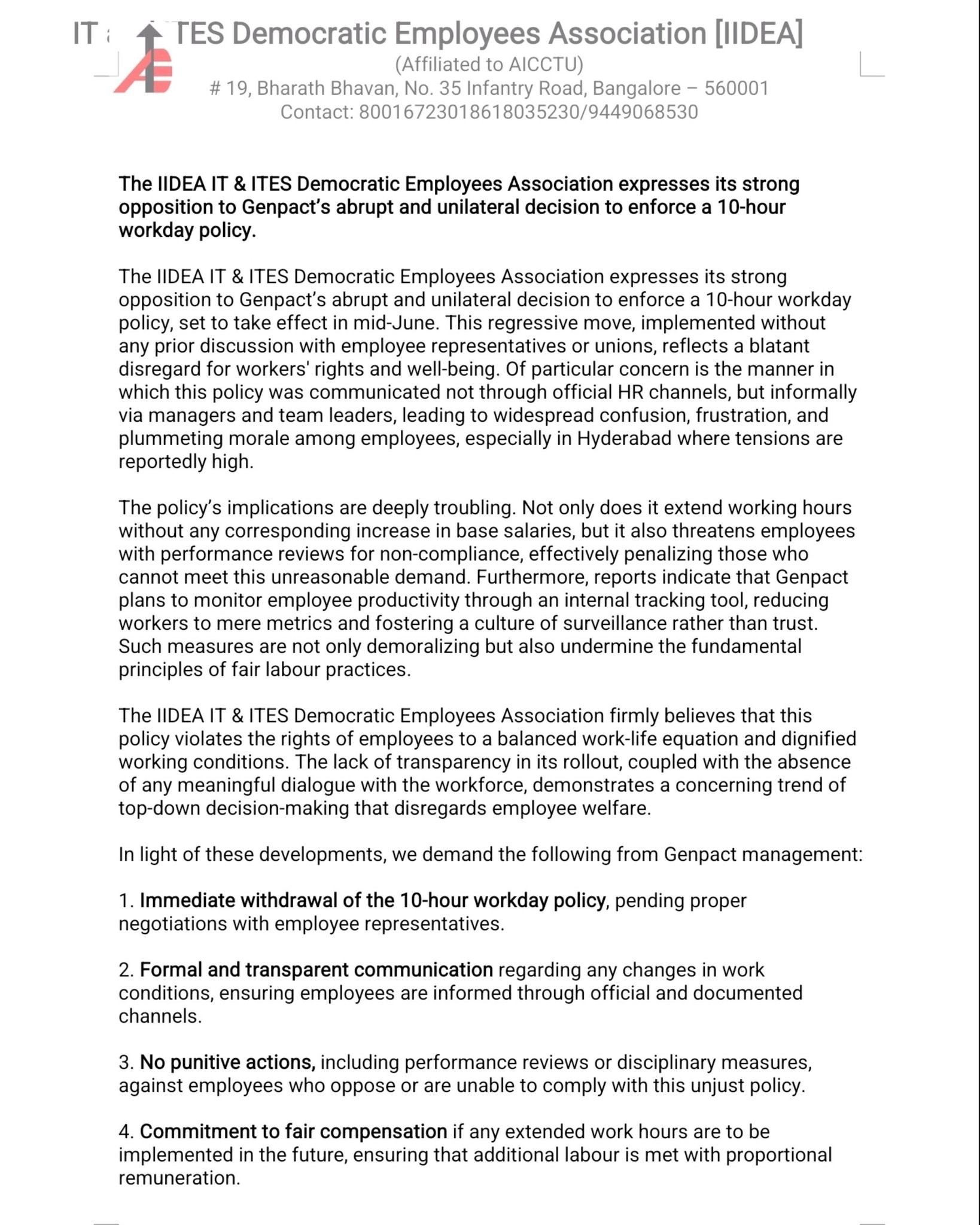 Genpact’s abrupt 10-hour workday policy