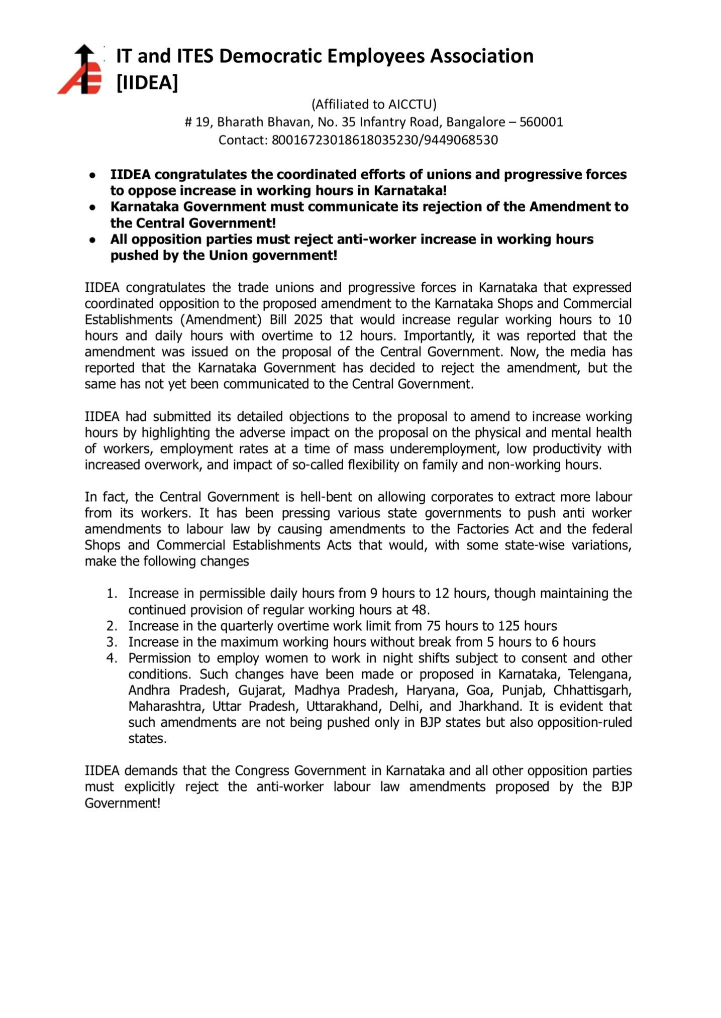 IIDEA congratulates the trade unions and progressive forces in Karnataka