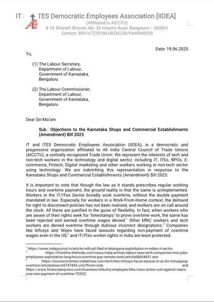 Objection letter to the Labour Secretary and Labour Commissioner